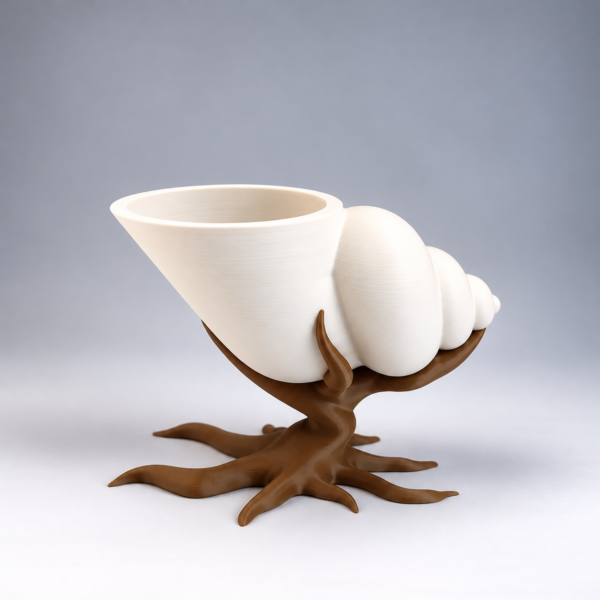 3D-Printed Seashell Planter on Root Stand Shell Shaped Pot